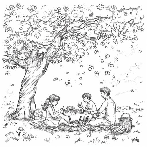 Family picnic under a blossoming cherry tree