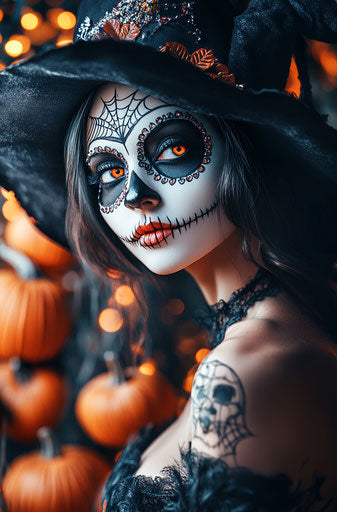 Beautiful woman with sugar skull makeup and witch hat surrounded by pumpkins