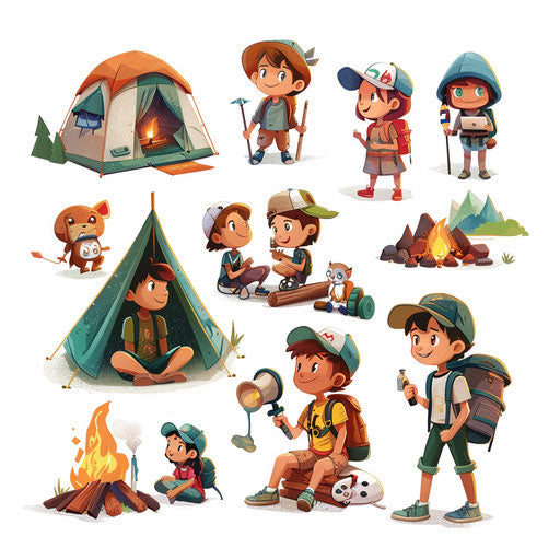 Summer camp clipart in a photo realistic style on white