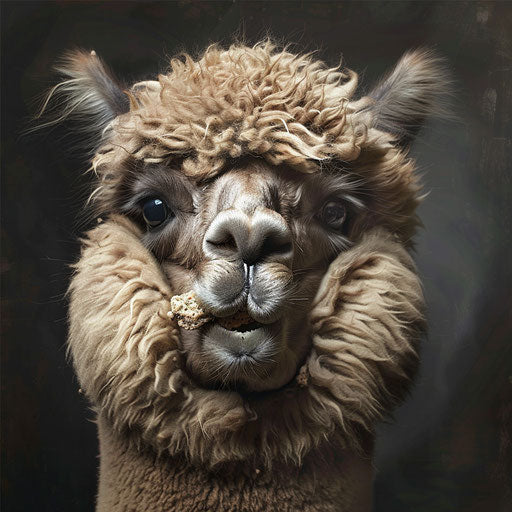 Whimsical portrait of an alpaca chewing