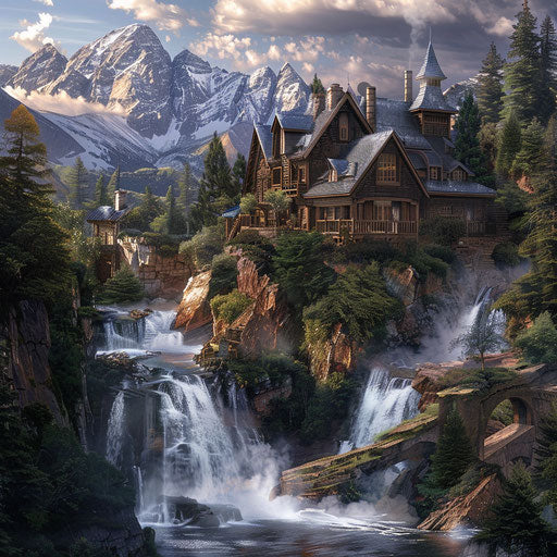 Mountain lodge with a cascading waterfall