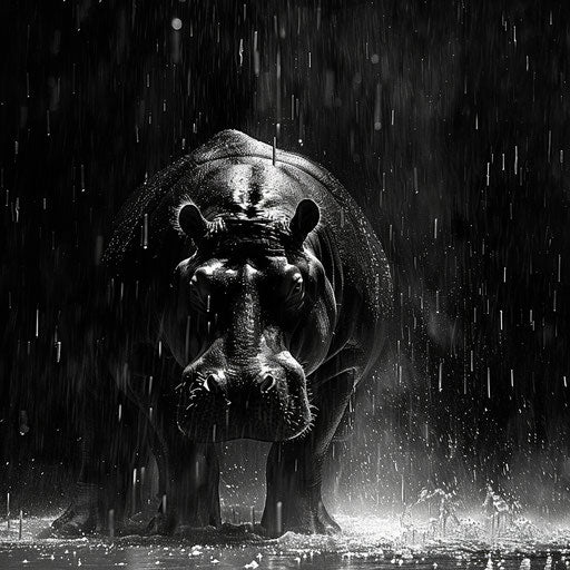 Hippo in the rain in black and white
