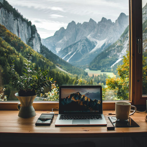 Freelance professional working remotely with scenic backdrop