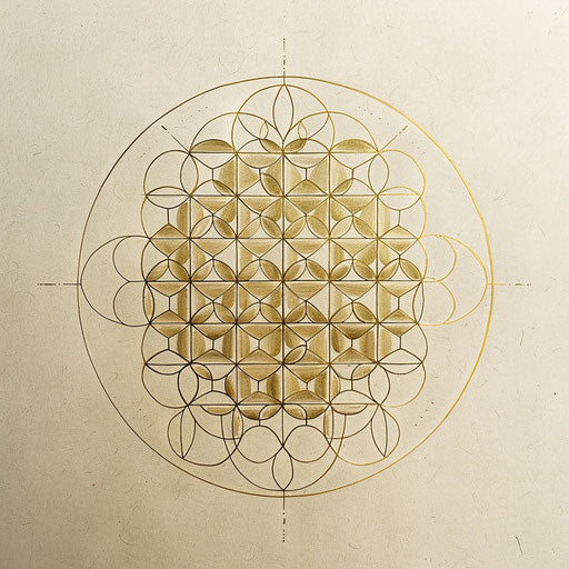Geometric tattoo sketch of the Flower of Life, featuring metallic gold accents
