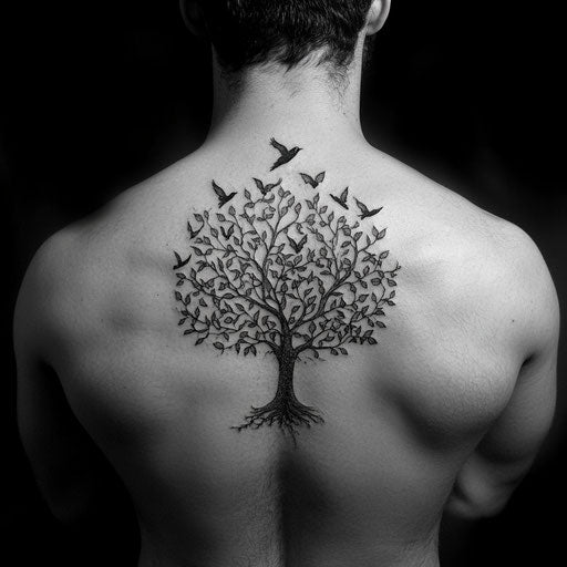 Tree tattoos depicting a tree with leaves turning into flying birds