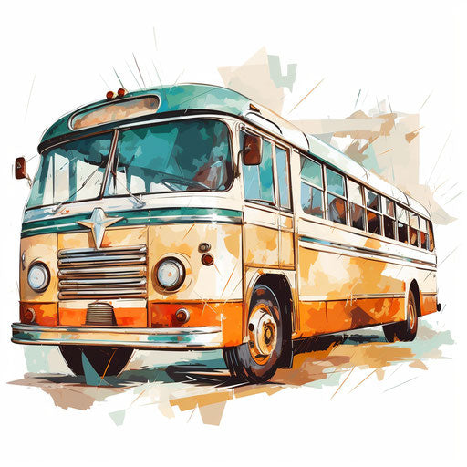 Bus clip art in the style of Oil painting, on a white background