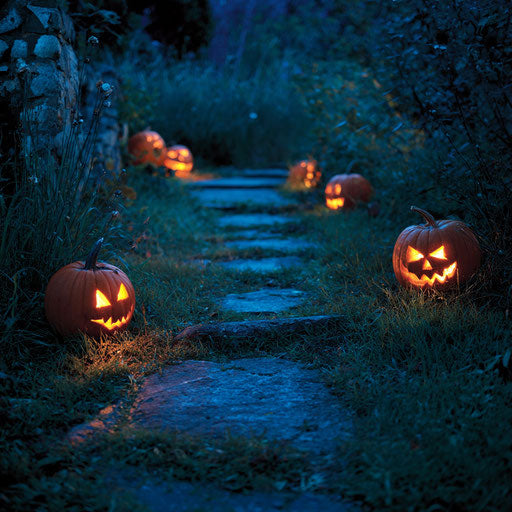 Pathway of Glowing Jack-o'-Lanterns in Dark Grass