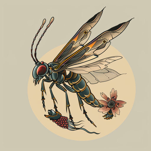 Elegant tattoo sketch of a wasp with flowing lines and subtle color gradients in a flat style