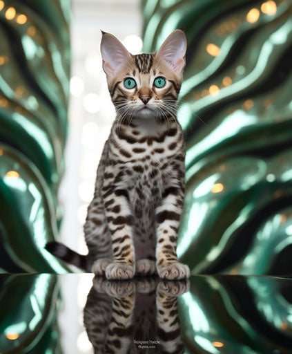 Bengal kitten standing on carpeted stairs, light teal and light maroon style