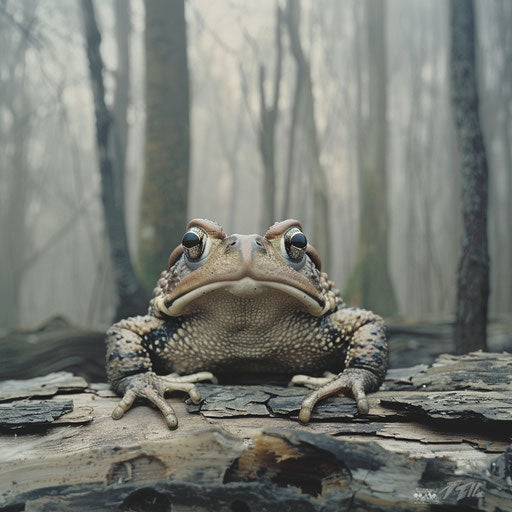 Toad on fallen log in forest setting