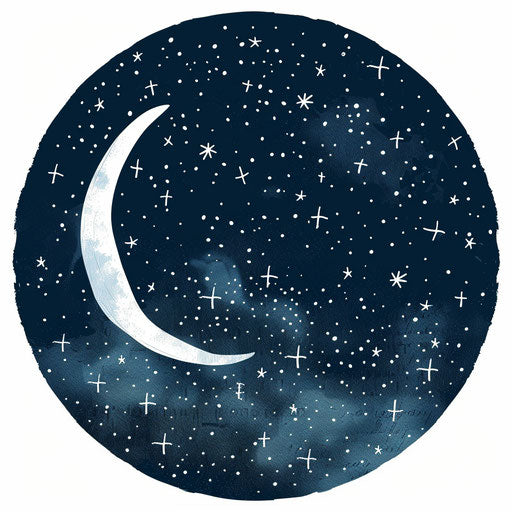 Tattoo sketch of starry night with crescent moon, dark blue white