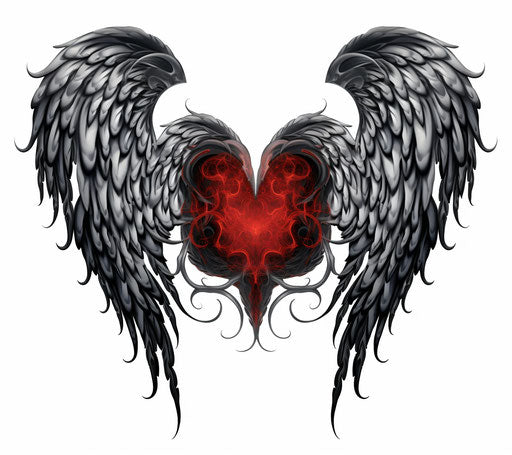 Angel wings and red heart in gothic dark style