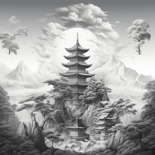Black and white pagoda depicting mountains