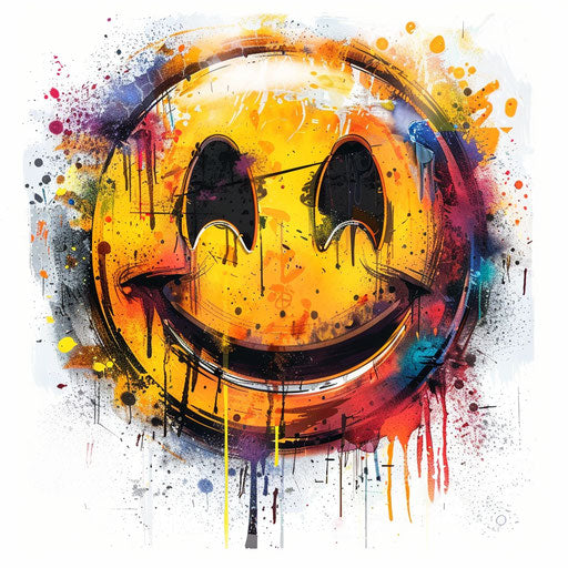 Graffiti-style smiley face tattoo artwork with spray paint effect, on white