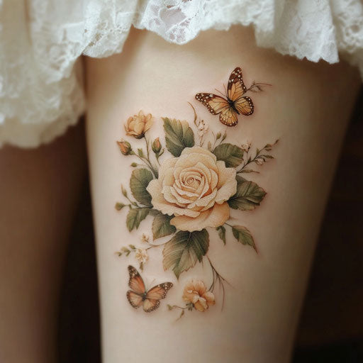 Rose tattoos for women with delicate butterfly accents