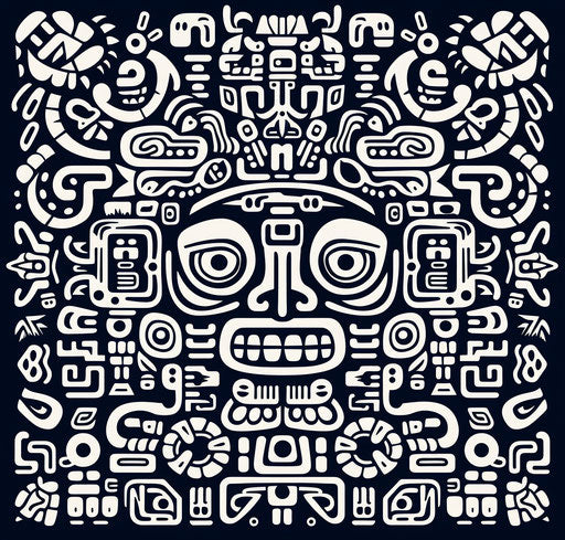 Ethnic icon art in dark white and navy pre-Columbian style
