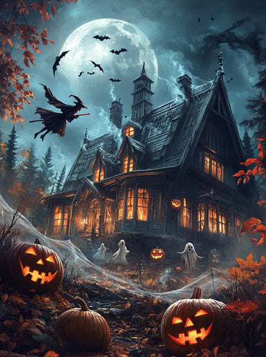 Haunted house with witch, ghosts, and pumpkins under the moon