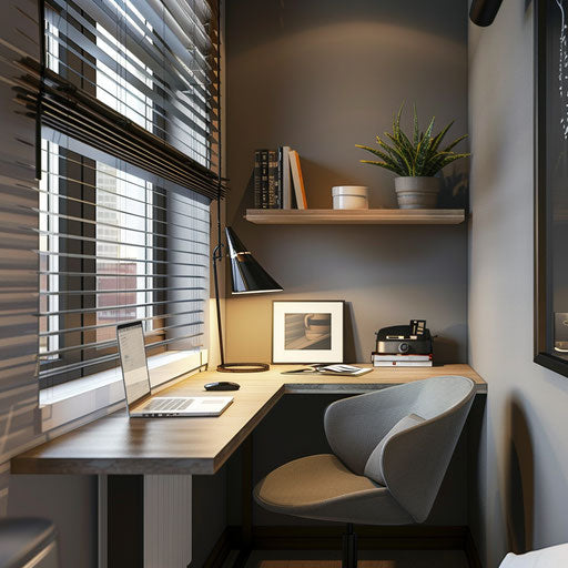Compact home office nook with wall-mounted desk, ideal for small apartments