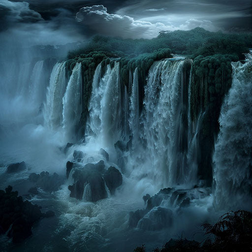 Iguazu Falls with moody atmosphere and powerful flow
