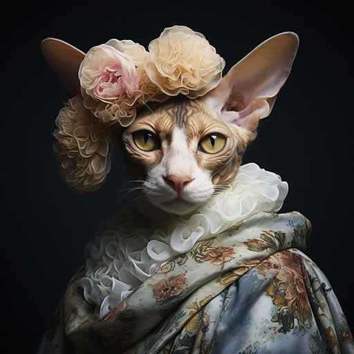 Cornish Rex cat dressed as a woman
