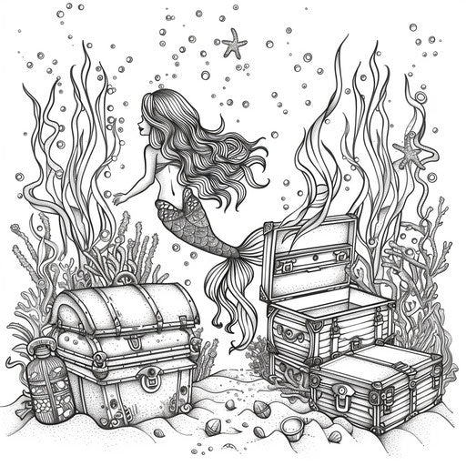 A mystical mermaid swimming among seaweed and treasure chests