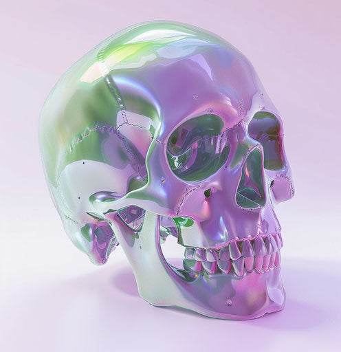 Green and purple skull on white background, text and emoji style