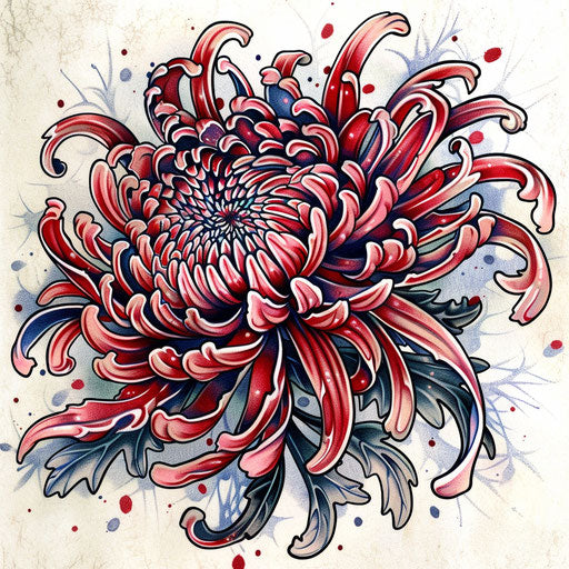 Neo-traditional tattoo design of a chrysanthemum with rich, deep colors on white background