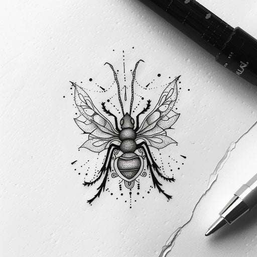 Elegant tattoo sketch of an ant with detailed mandala-style segments