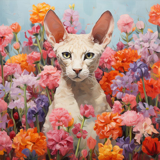 Cornish Rex cat in a field of flowers