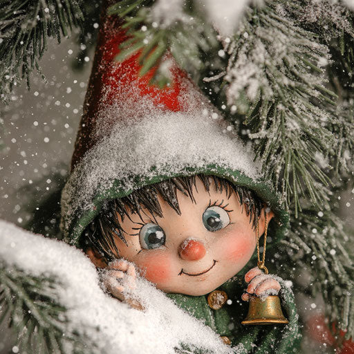 A mischievous Christmas elf peeking from behind a snowy pine tree