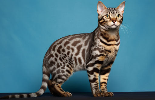 Bengal striped feline on blue background, dark silver and light maroon style