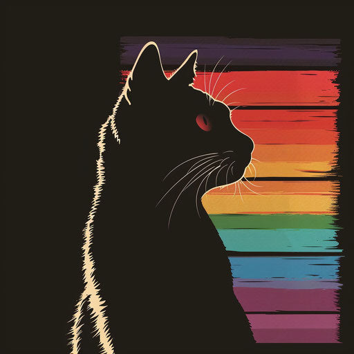 Sleek cat silhouette with pride flag stripes, flat tattoo sketch
