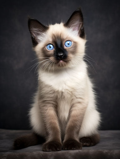 Sitting Siamese kitten in light beige and dark azure style