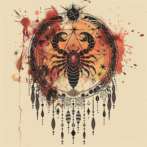 Bohemian tattoo sketch in clipart style, showcasing the Scorpio constellation with tribal patterns and warm hues