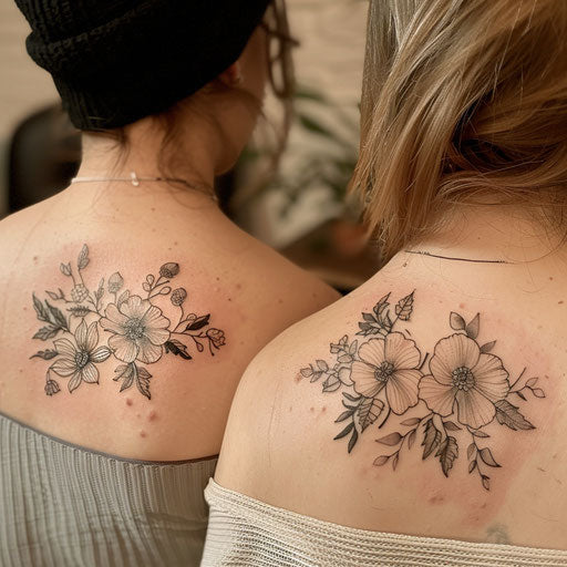 Matching sister tattoos of botanical illustrations