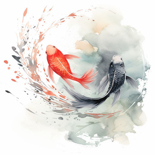 Two colorful fish in watercolor in the style of zen calligraphy