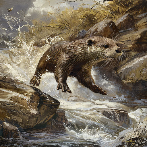 Otter leaping across river rocks over small gap