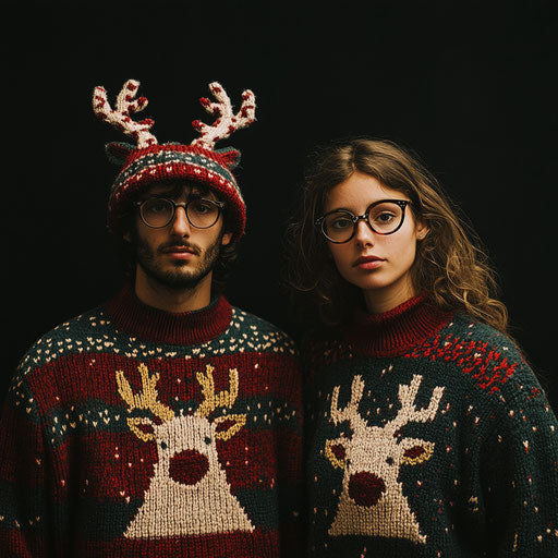 Matching ugly sweaters with half reindeer on top and bottom