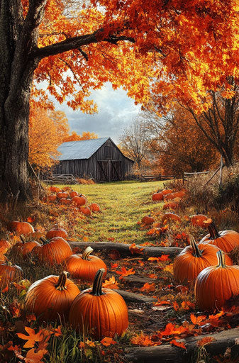 Autumn pumpkin patch near rustic barn