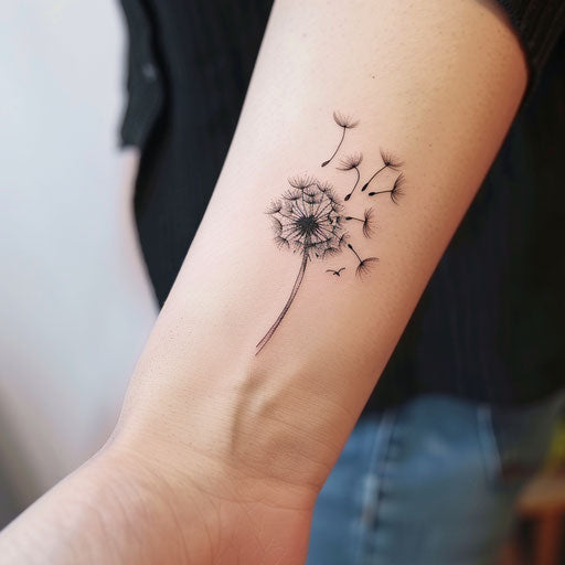 Hand-drawn small dandelion tattoo with floating seeds