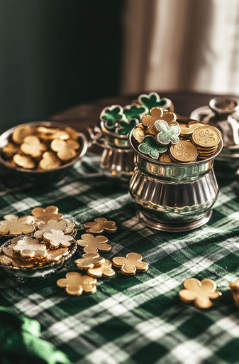 Green and white checkered tablecloths with gold coins and cookies