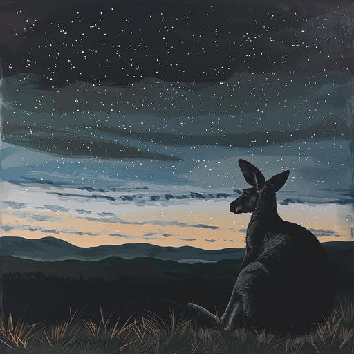 A western grey kangaroo resting under a starry sky