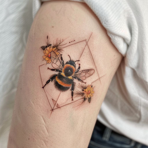 Bumble bee tattoo in geometric frame, modern aesthetics