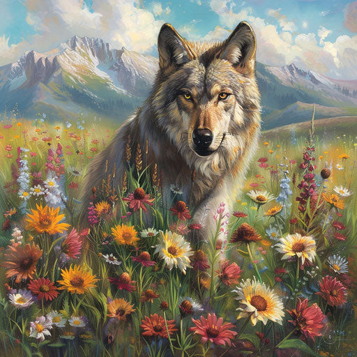Close encounter with a curious wolf in a field of wildflowers