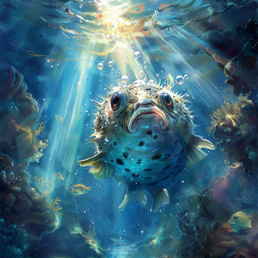 Puffer fish in crystal-clear waters with sunbeams breaking through