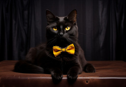 Cat with bow tie, bold contrast, rich hues, dark silver