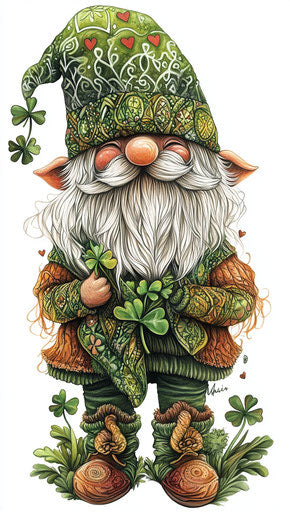 St. Patrick's Day gnome with clovers and green hat