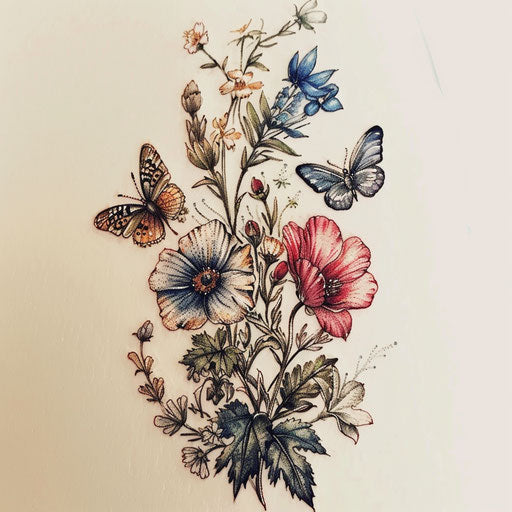 Botanical-themed sister tattoos with delicate flowers and butterflies