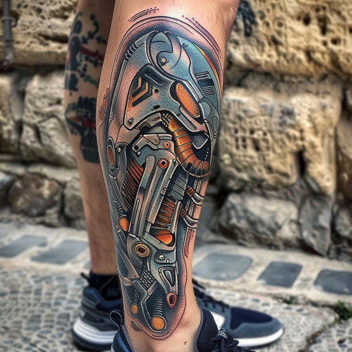 Biomechanical tattoo with cartoonish charm