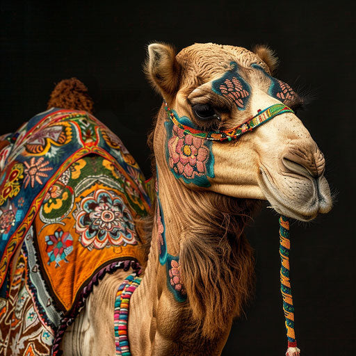 Elegant camel with painted designs, celebration of culture and art